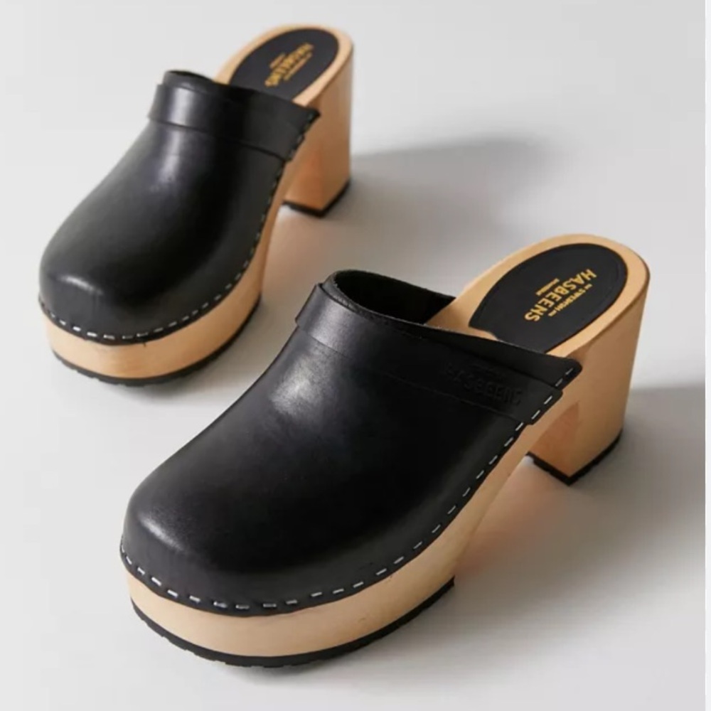 Swedish Hasbeens Black Leather Mules